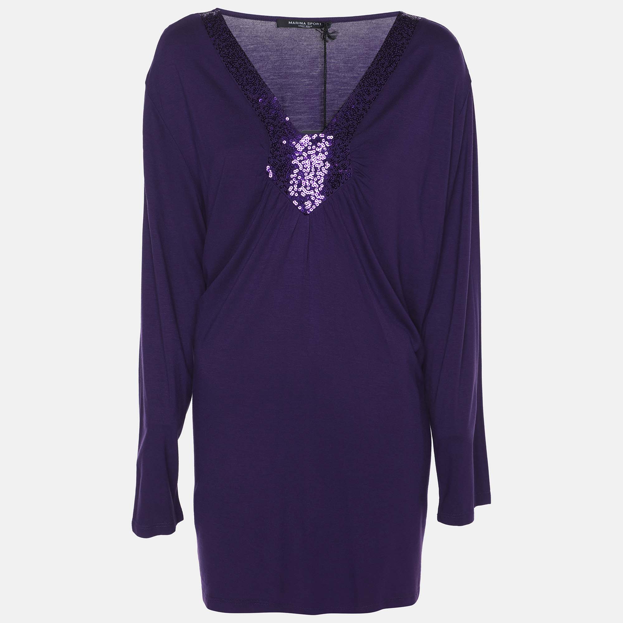 

Marina Sport by Marina Rinaldi Purple Jersey Sequin Embellished V Neck Tops
