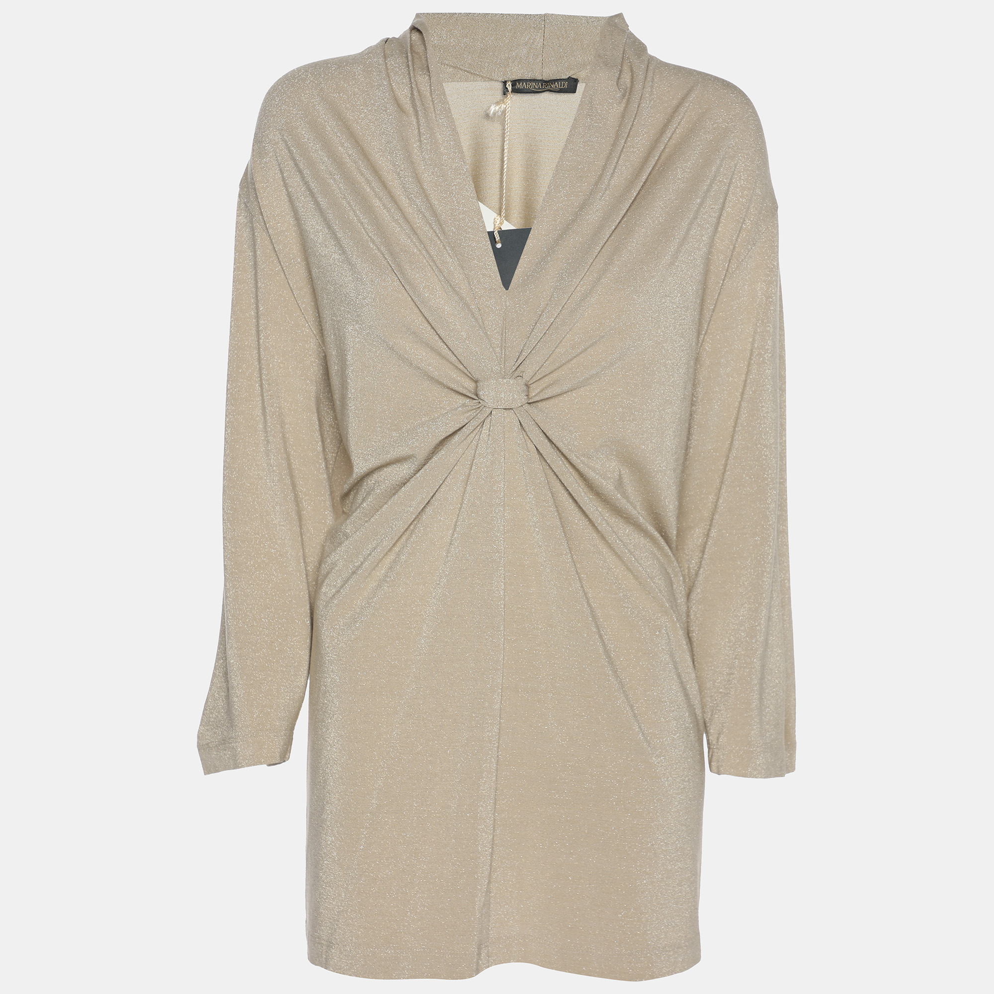 

Marina Rinaldi Metallic Beige Lurex Knit Knot Front Shirt L