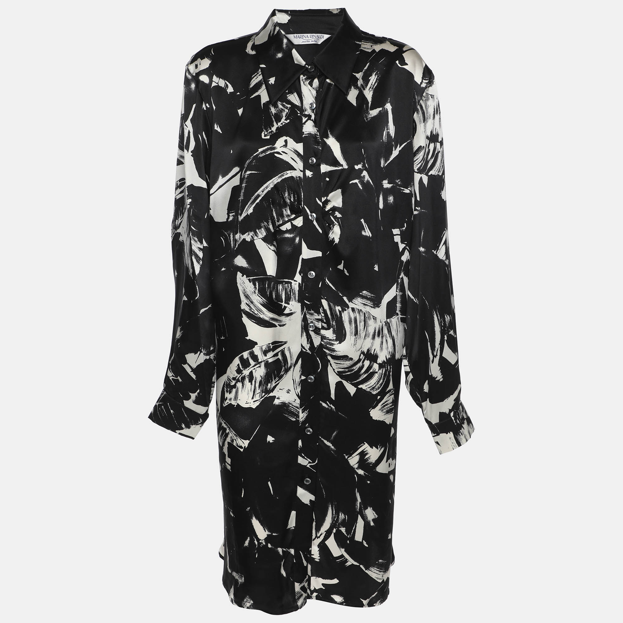 Pre-owned Marina Rinaldi Black/white Printed Silk Button Front Dress L