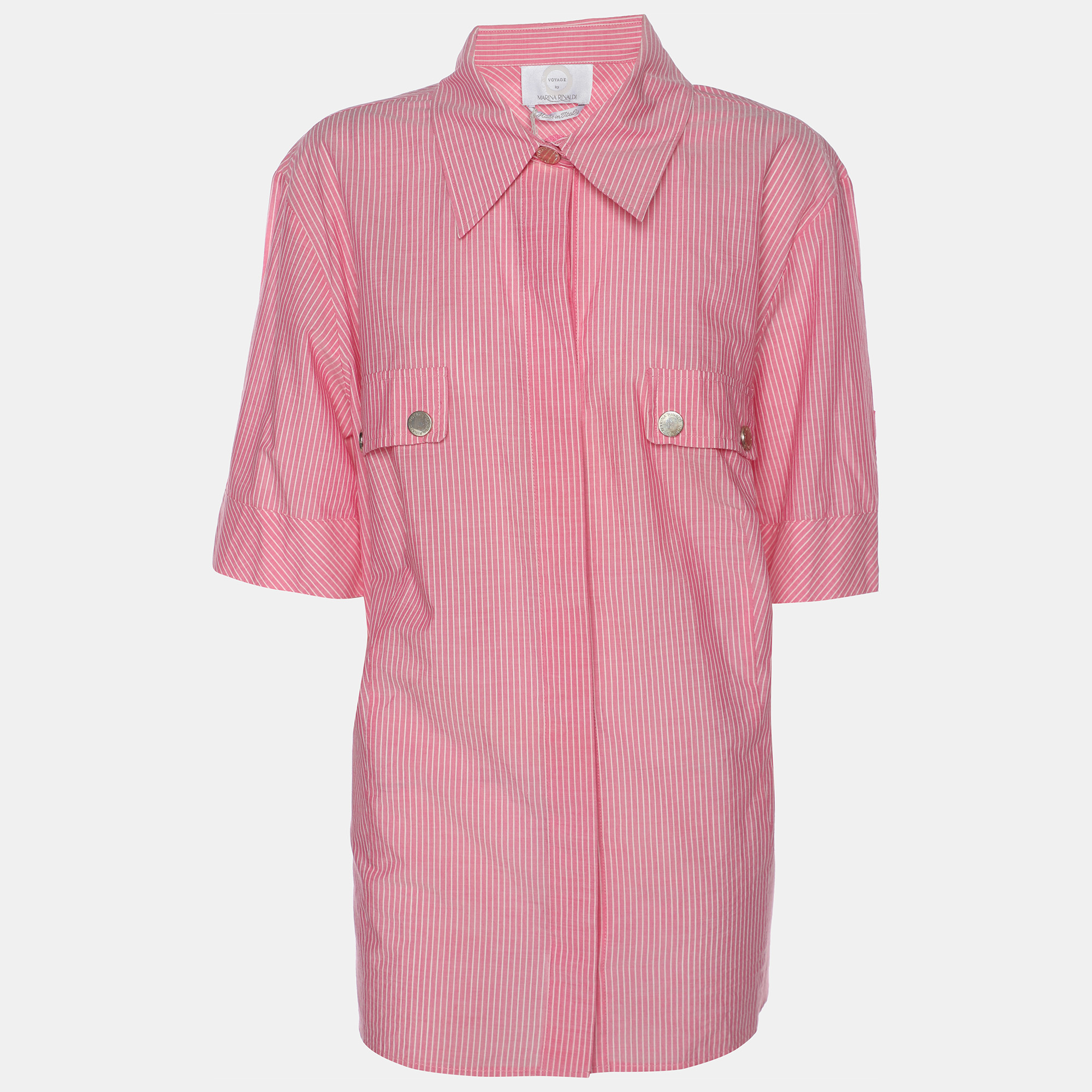 Pre-owned Marina Rinaldi Pink Striped Cotton Button Front Short Sleeve Shirt L