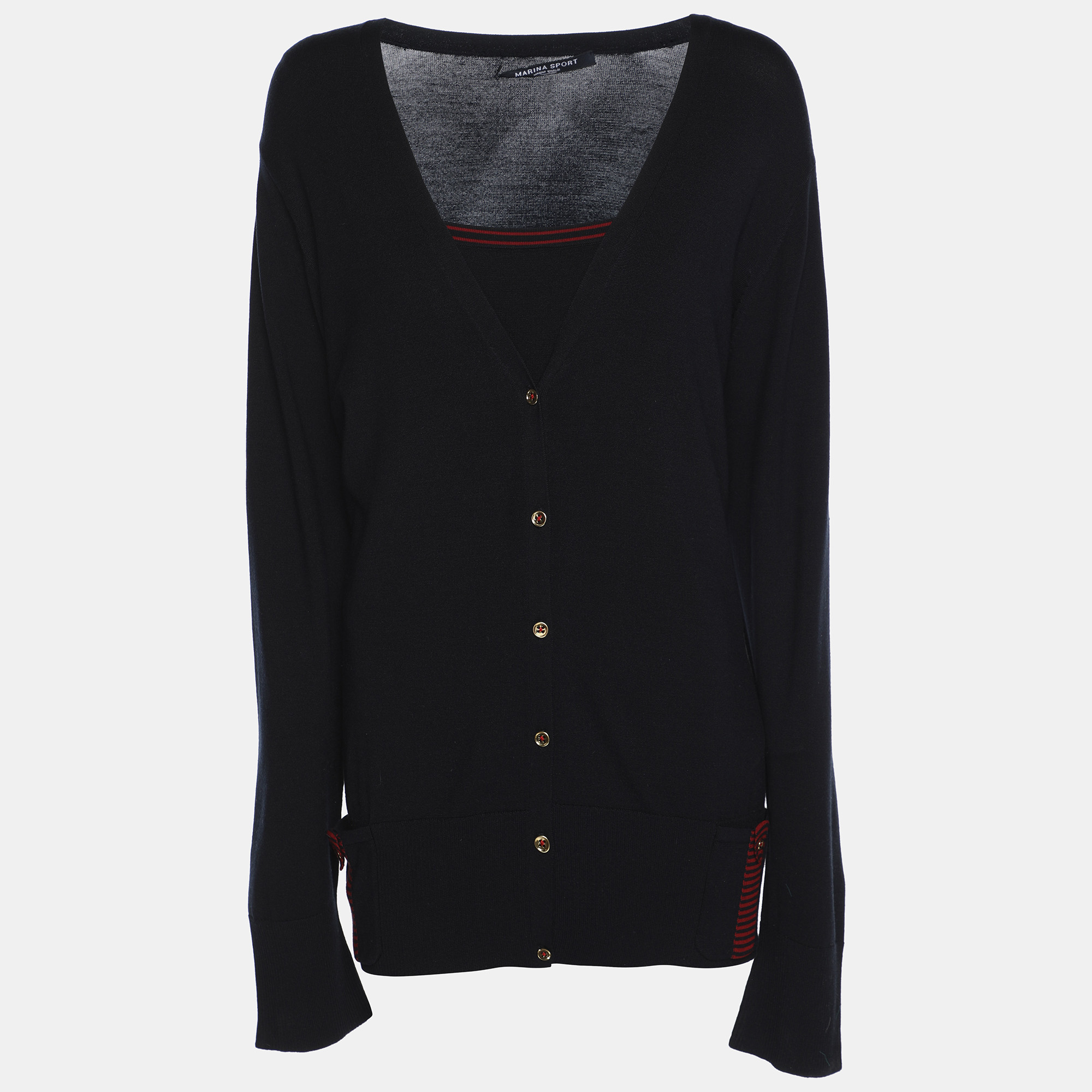 Pre-owned Marina Rinaldi Marina Sport By Navy Blue Stretch Knit Button Front Sweater L