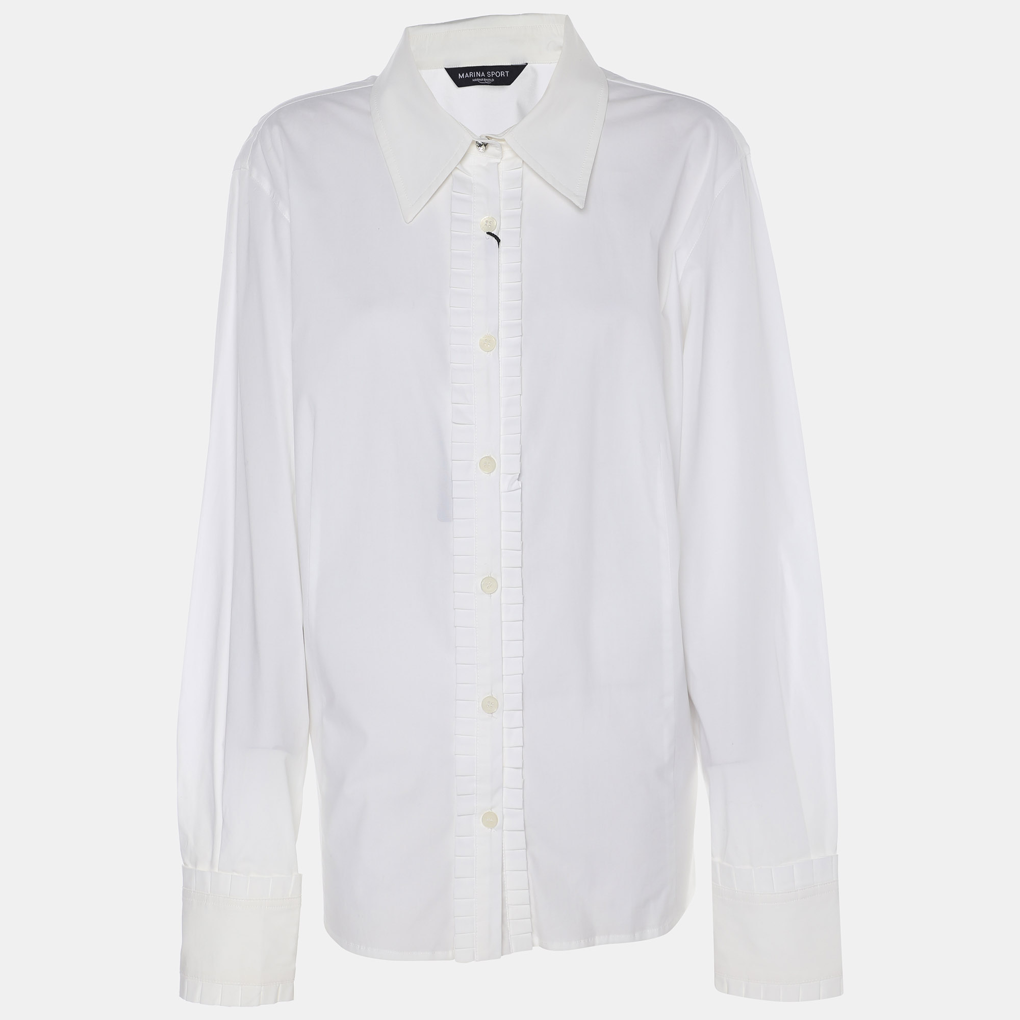 Marina Sport by Marina Rinaldi White Stretch Cotton Pleated Front Long Sleeve Shirt L