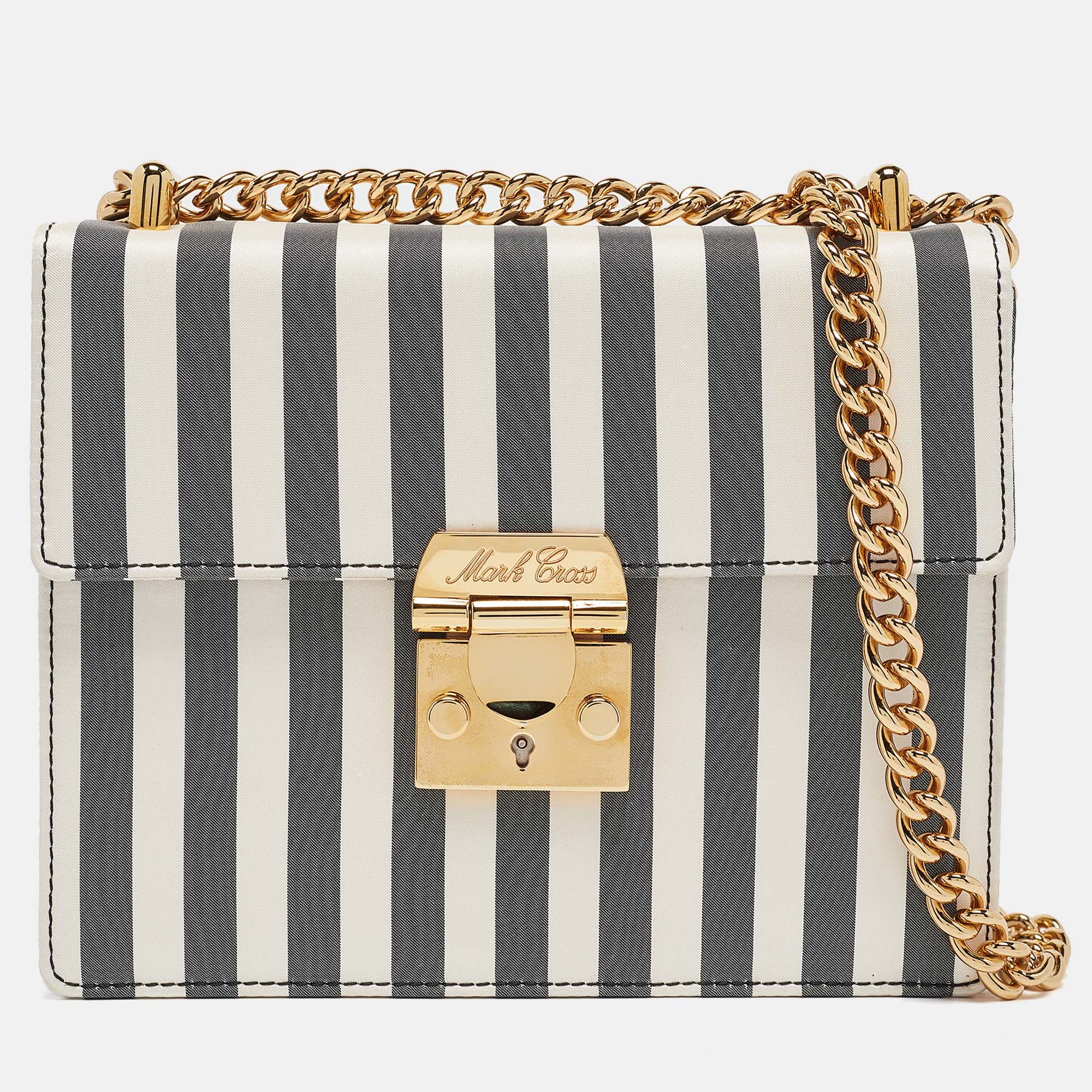 

Mark Cross Grey/White Satin Stripe Zelda Chain Bag