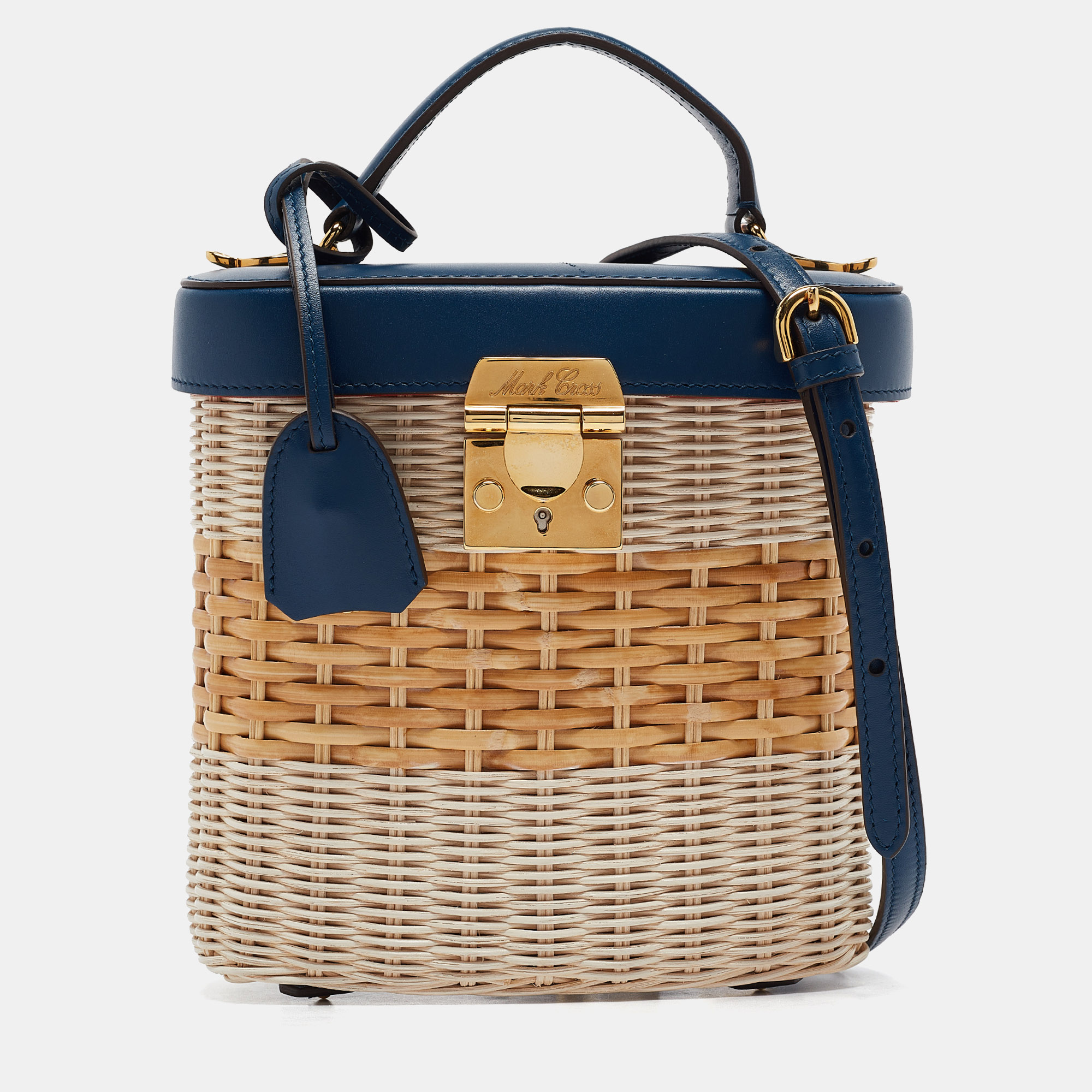 

Mark Cross Navy Blue/Tan Rattan Benchley Top Handle Bag