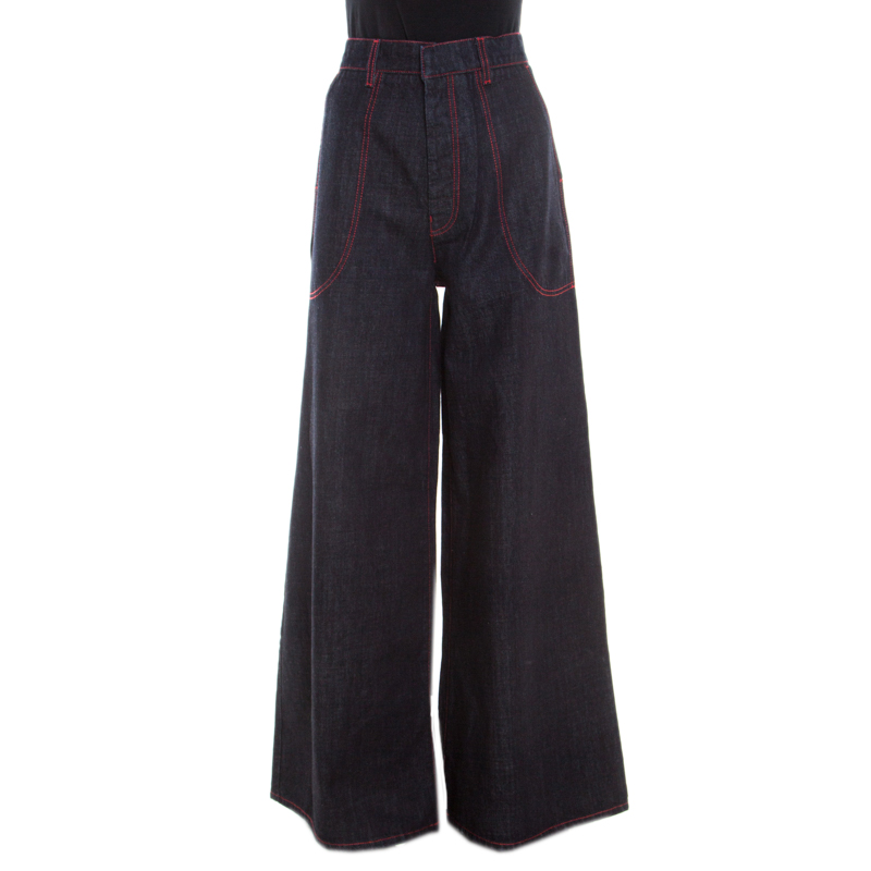 Pre Owned Marni Indigo Dark Wash Denim Contrast Top Stitch Detail Wide Leg Jeans L