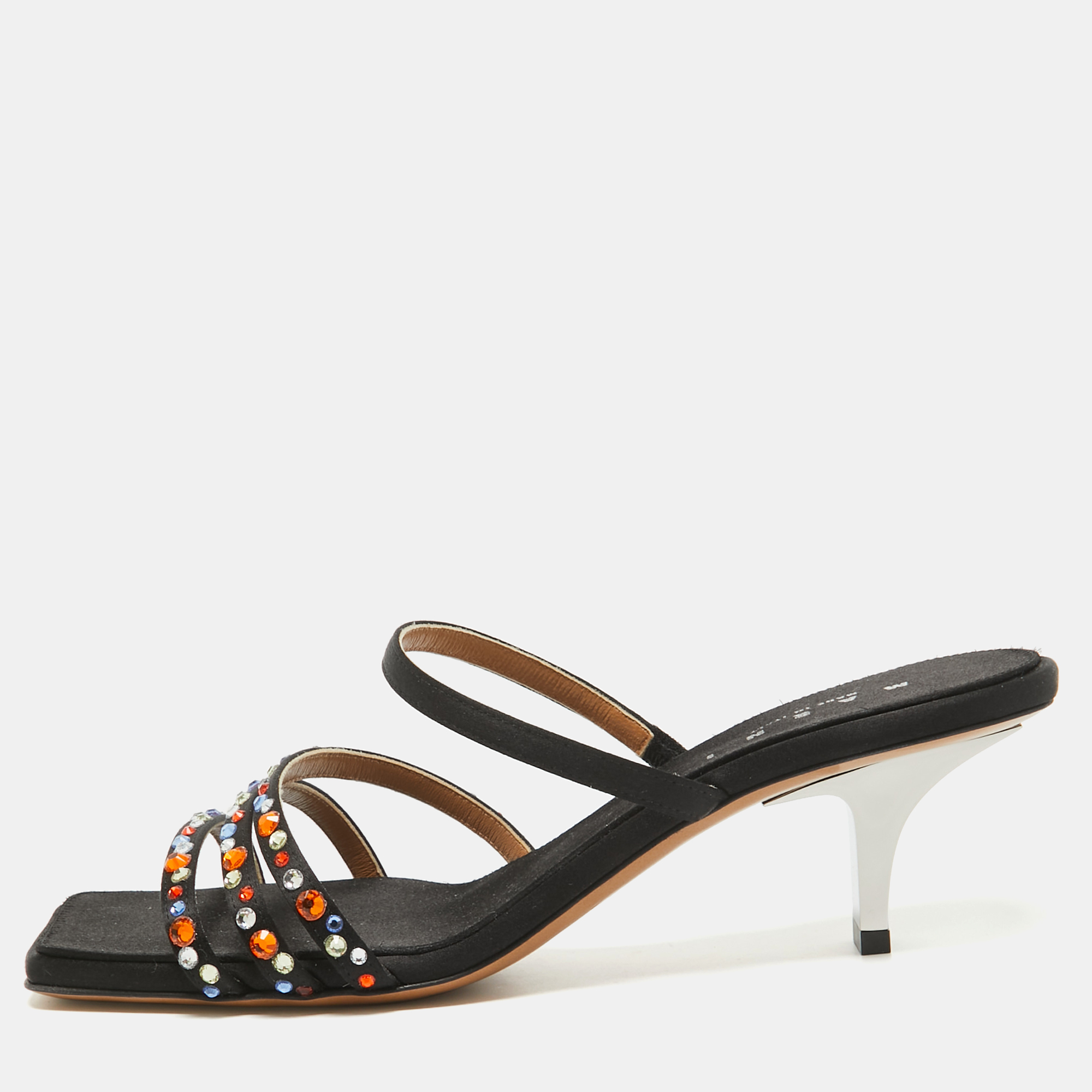 

Marni Black Satin Crystal Embellished Slide Sandals Size