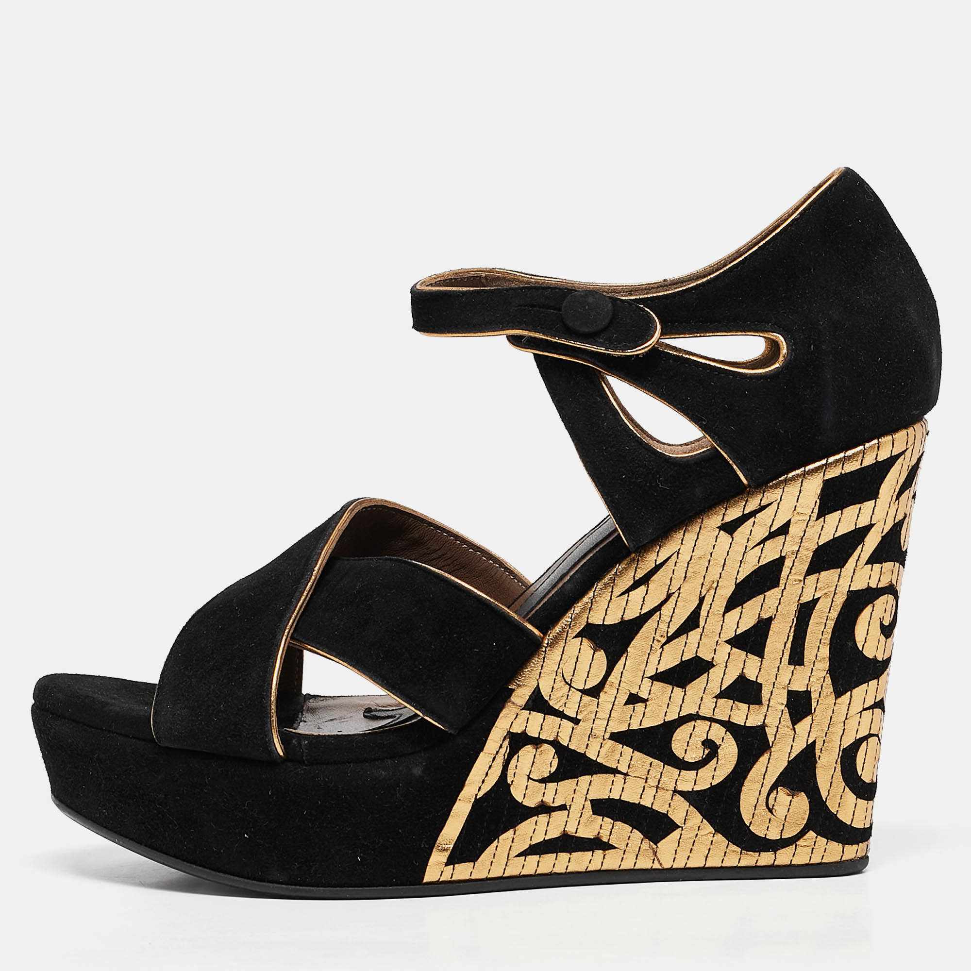 

Marni Black/Gold Suede Wedge Ankle Strap Sandals Size