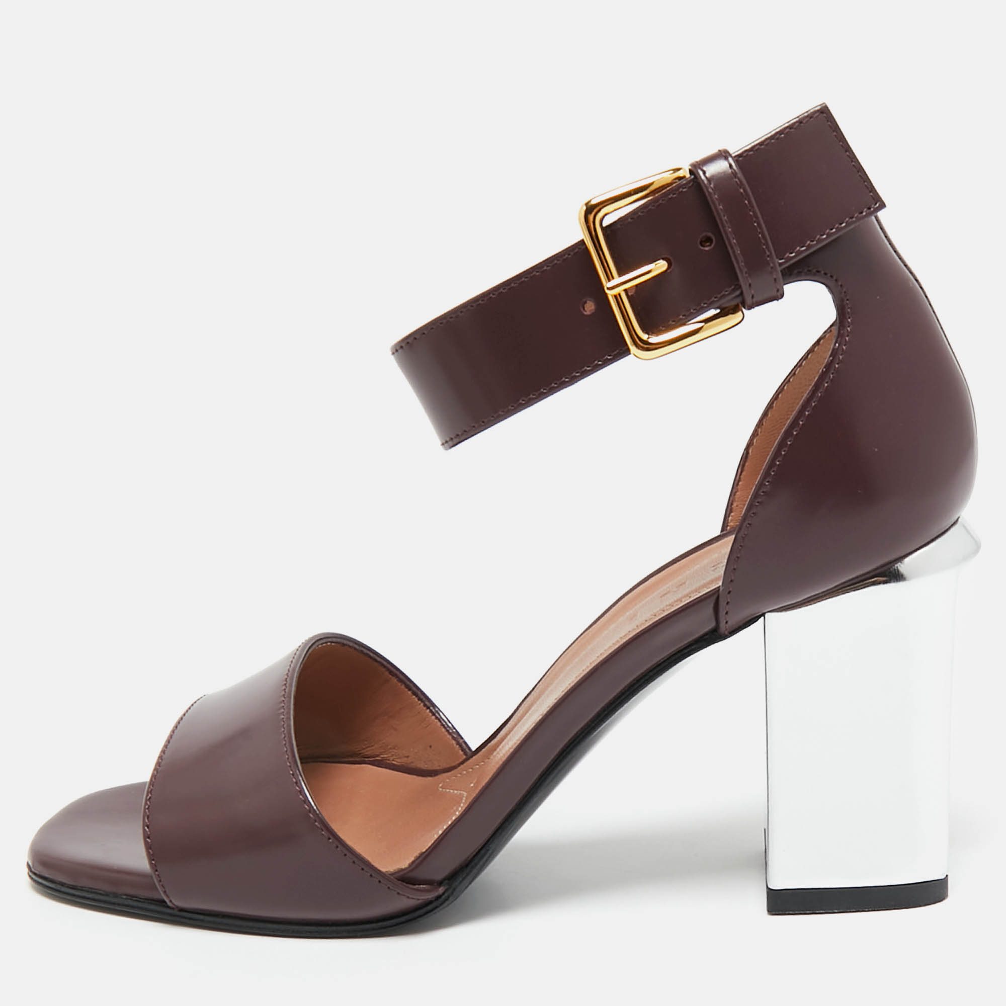 

Marni Burgundy Leather Block Heel Ankle Strap Sandals Size