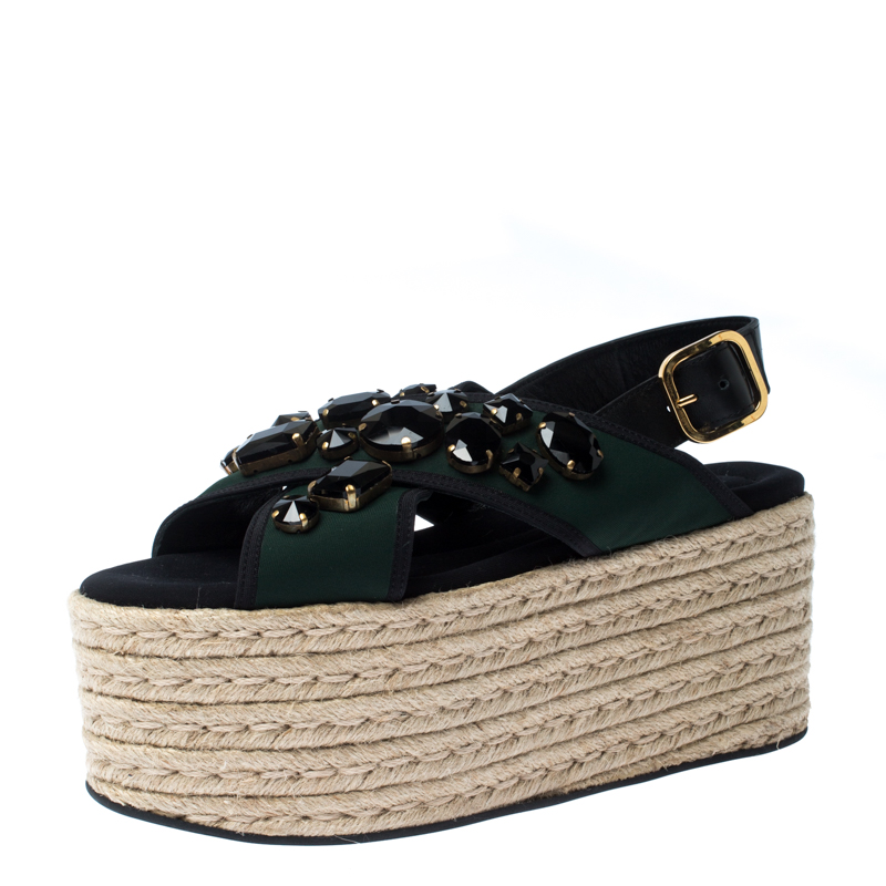 Marni Black Leather And Green Fabric Crystal Embellished Slingback Platform Espadrille Flat Sandals Size 40