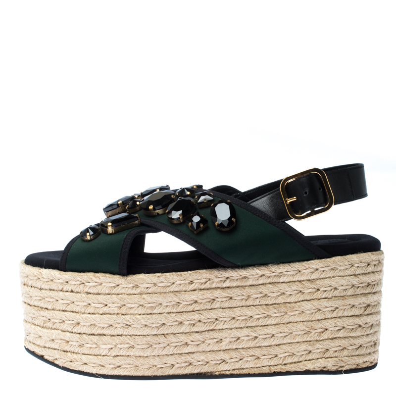 

Marni Black Leather And Green Fabric Crystal Embellished Slingback Platform Espadrille Flat Sandals Size