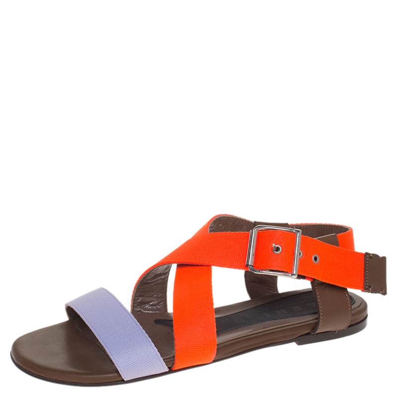 Pre-owned Marni Lavender/neon Orange Criss Cross Flat Sandals Size 36.5 In Multicolor