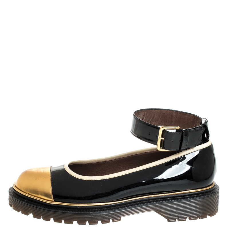 

Marni Black and Gold Patent Leather Ankle Strap Ballet Flats Size
