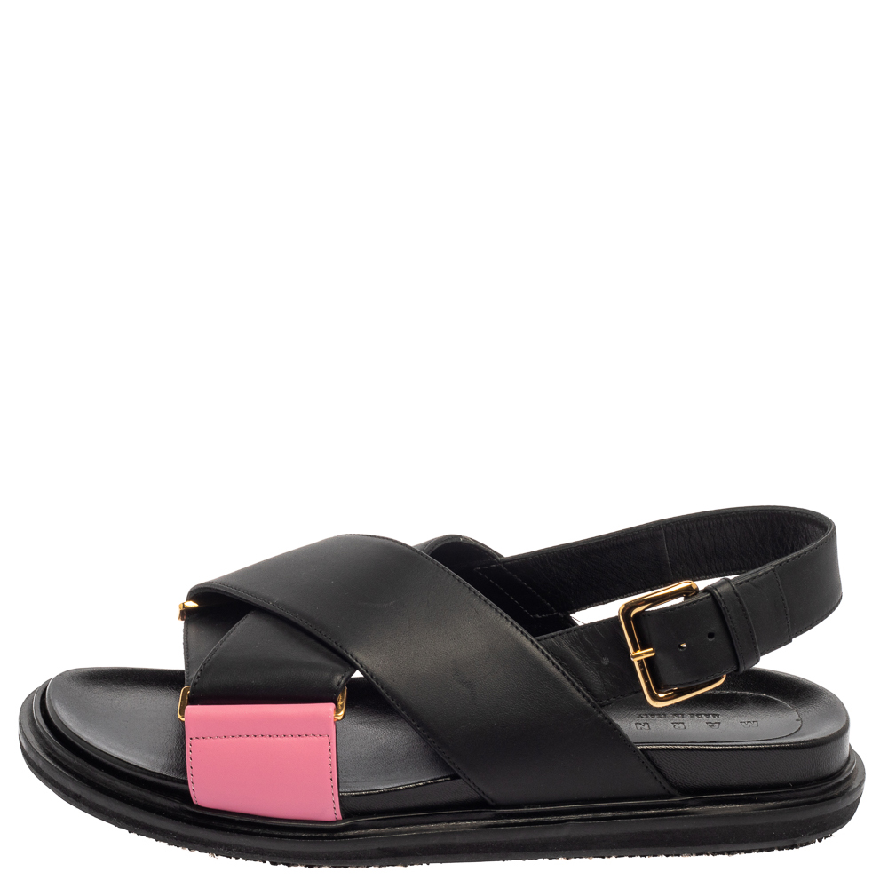 

Marni Black/Pink Leather Cross-Strap Sandals Size