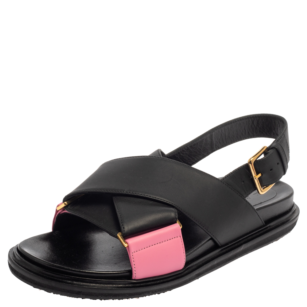 Pre-owned Marni Black/pink Leather Cross-strap Sandals Size 39.5