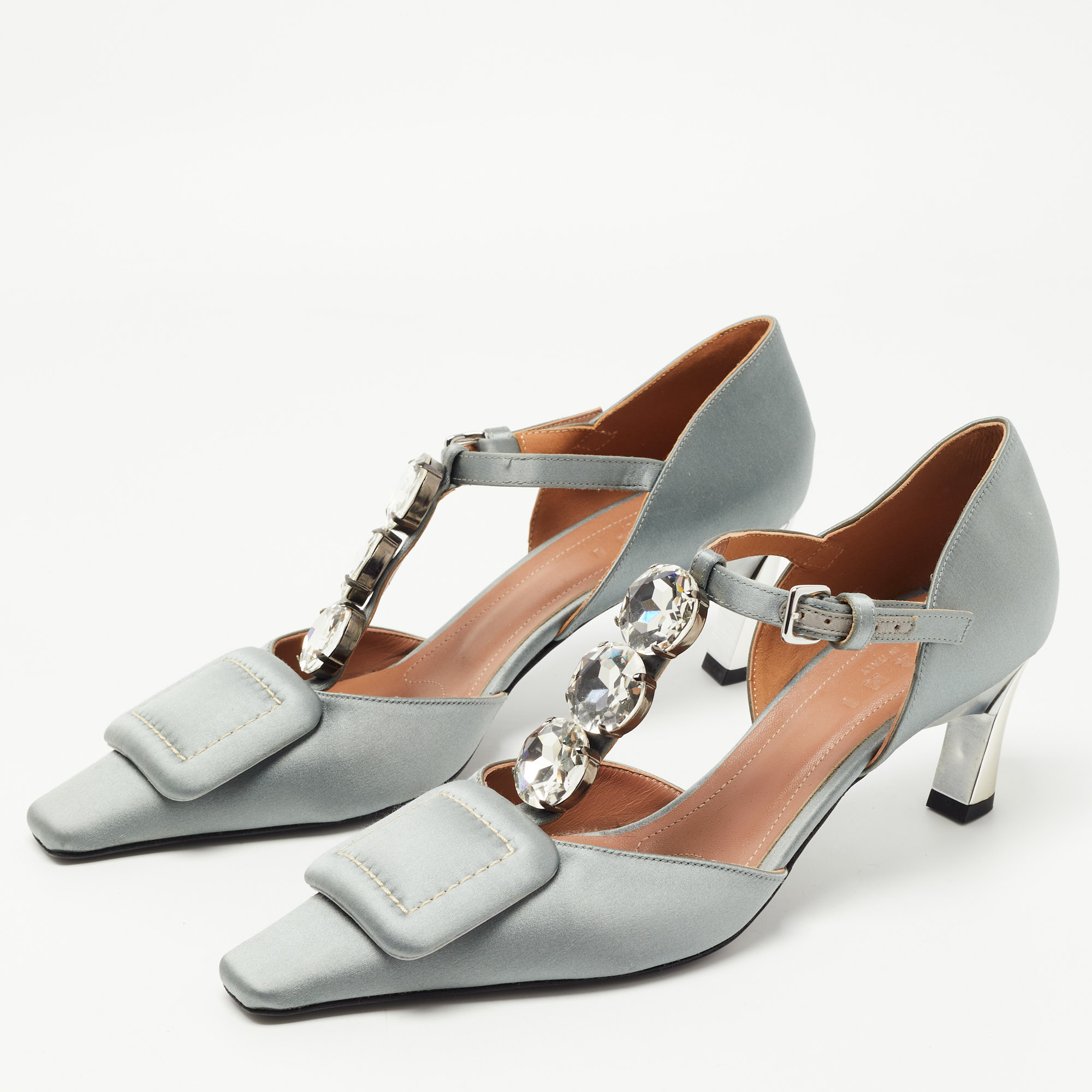 

Marni Grey Satin Crystal Embellished T-Bar Pumps Size