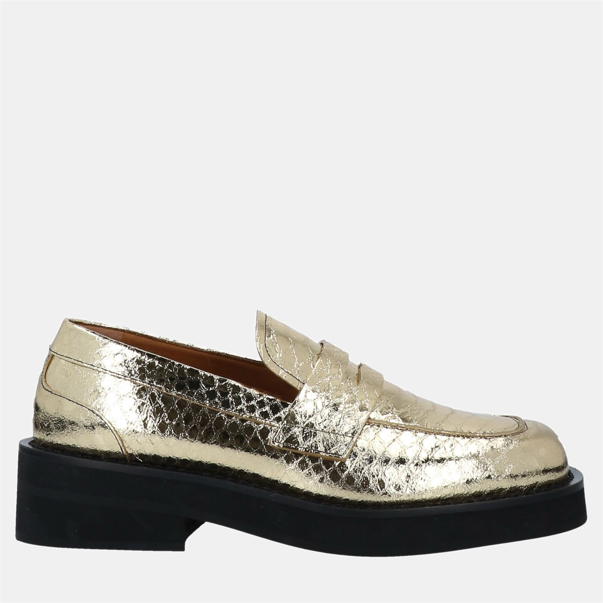 Pre-owned Marni Gold Snakeskin Embossed Leather Loafers Size 35