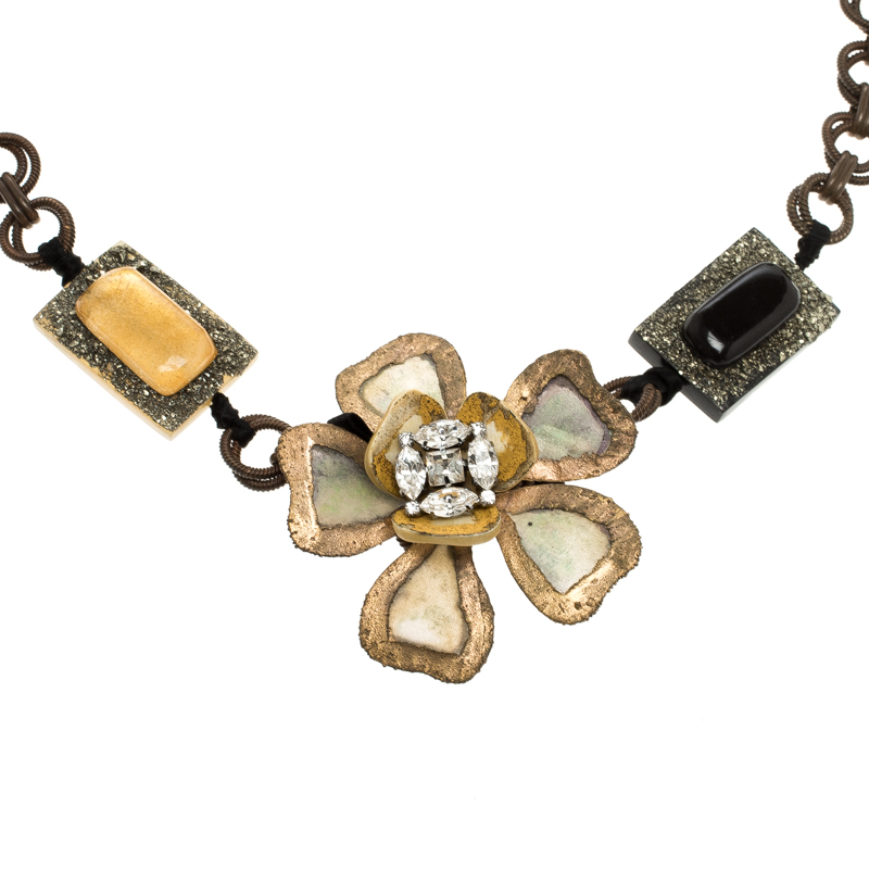 

Marni Flower Crystal Resin Metal Embellished Statement Tie-up Necklace, Brown