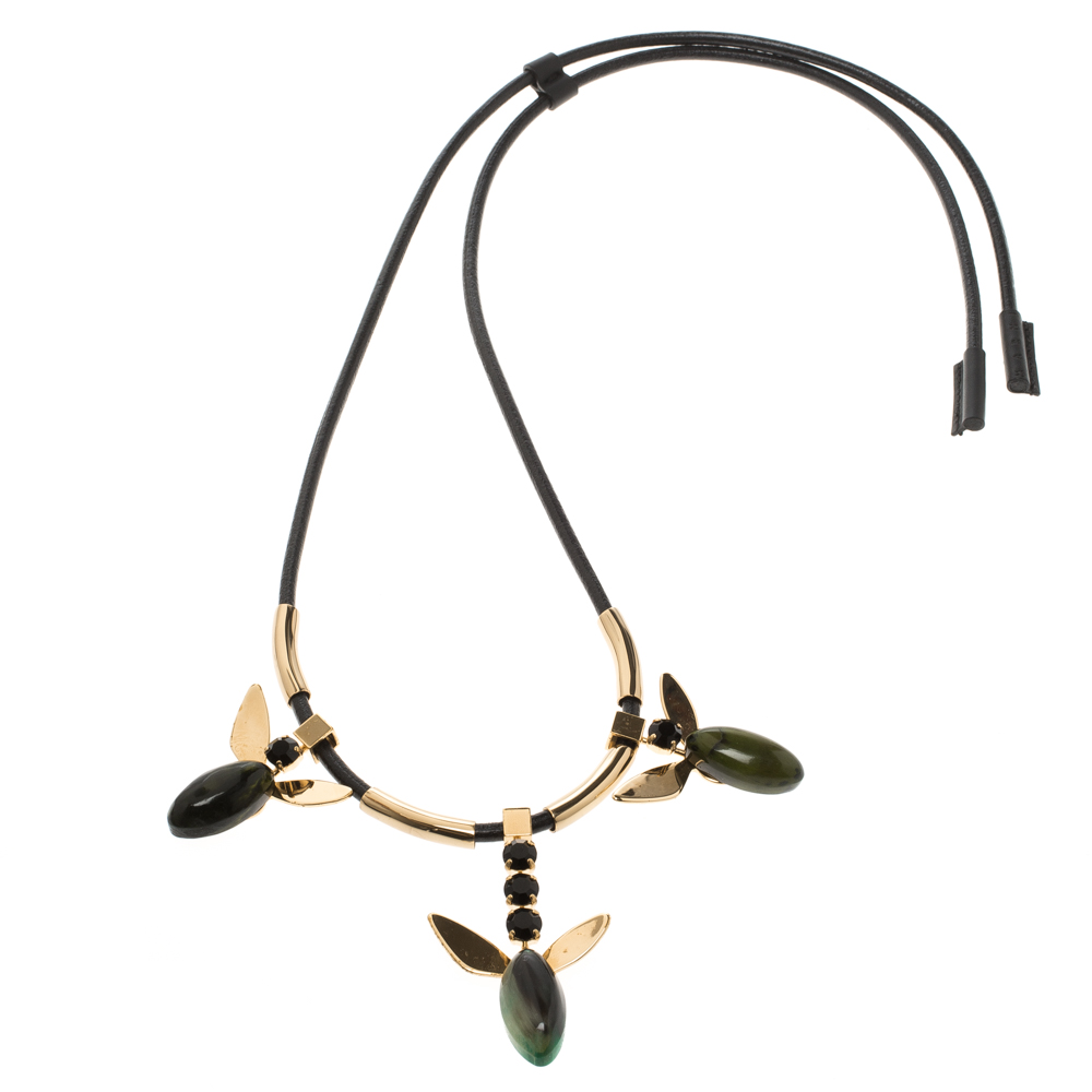 Marni Crystal Resin Gold Tone & Leather Adjustable Necklace 