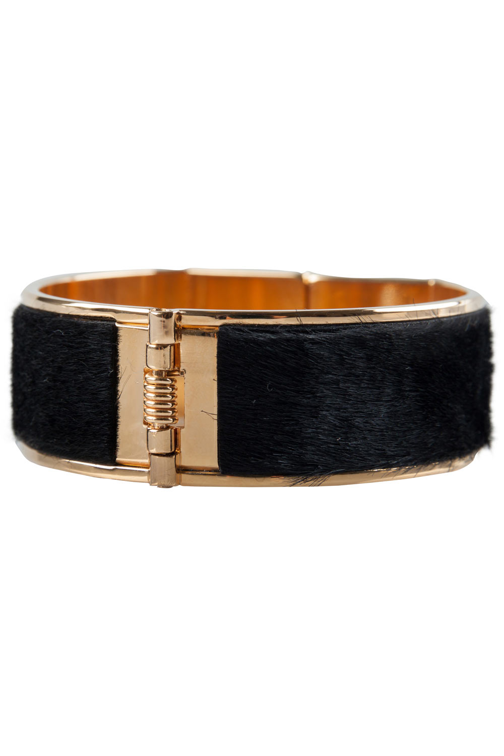 Pre-owned Marni Black Fur Horn Embellished Gold Tone Wide Bracelet