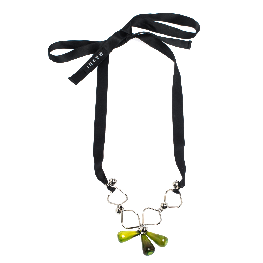 

Marni Green Teardrop Beads Silver Tone Black Ribbon Self-Tie Necklace