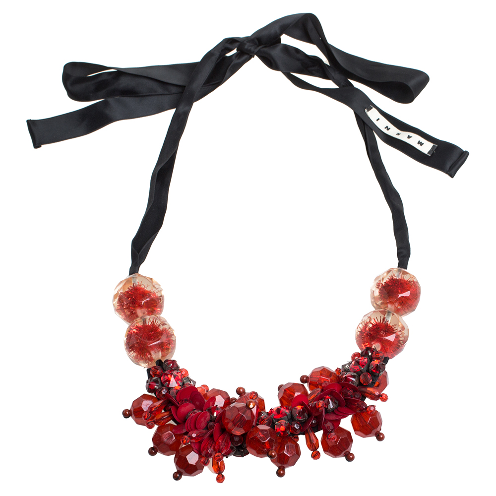 

Marni Crimson Red Crystal and Paillette Embellished Ribbon Necklace