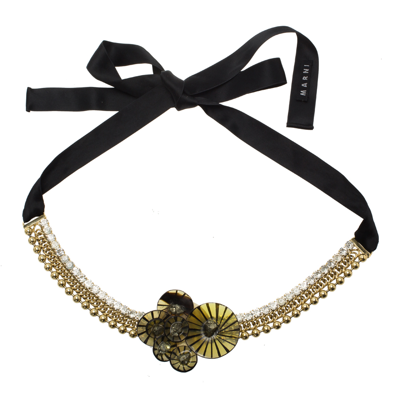 

Marni Crystal Embellished Resin Flowers Gold Tone Chunky Chain Black Ribbon Self-Tie Necklace