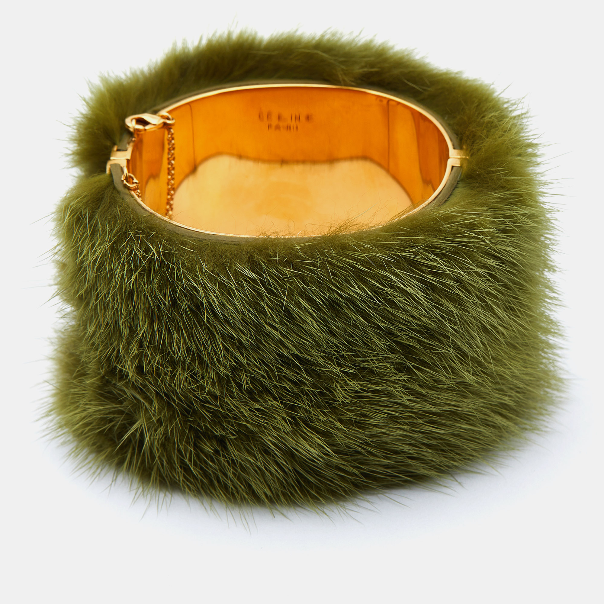 Pre-owned Marni Green Faux Fur Gold Tone Cuff Bracelet M