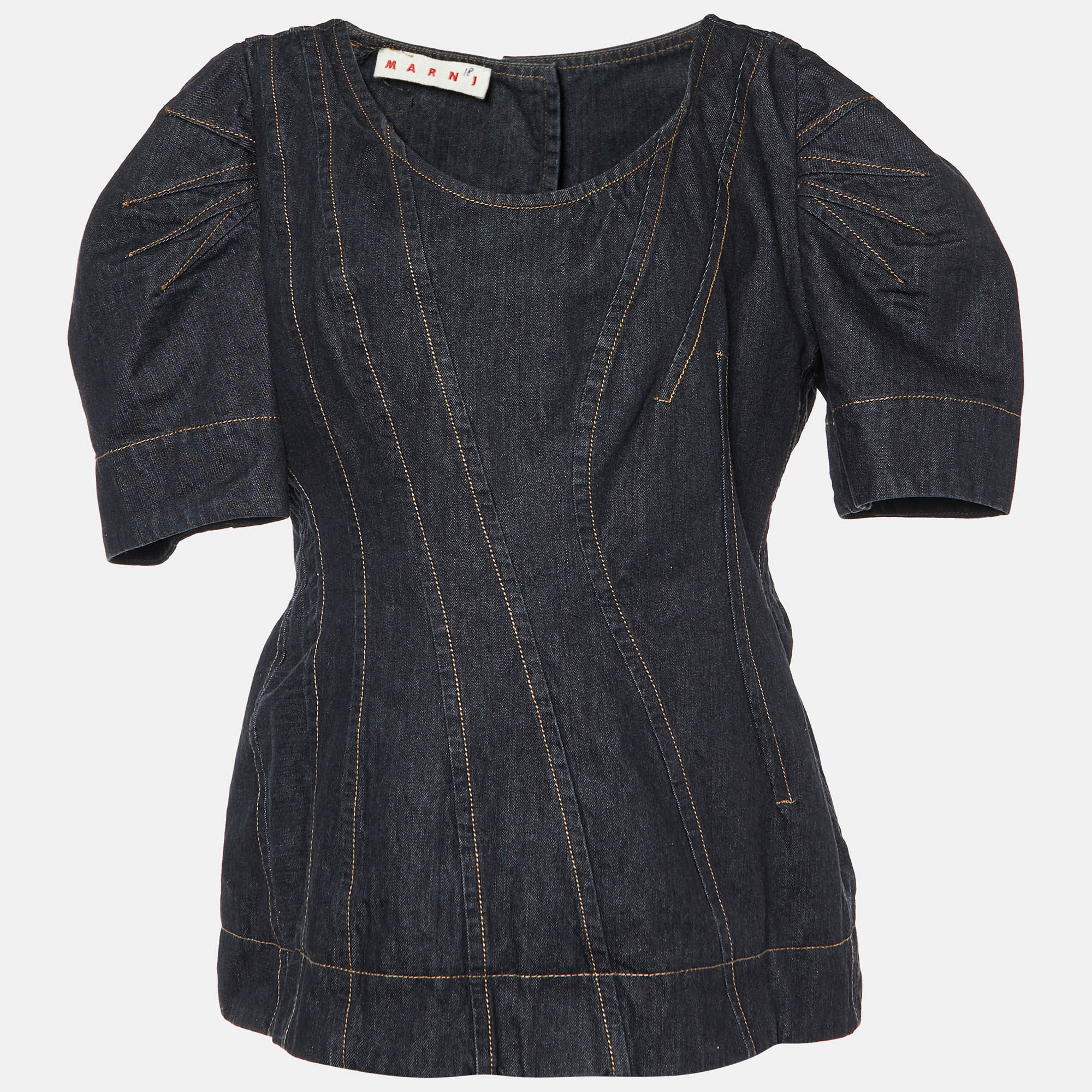 

Marni Black Denim Buttoned Back Puff Sleeves Top L