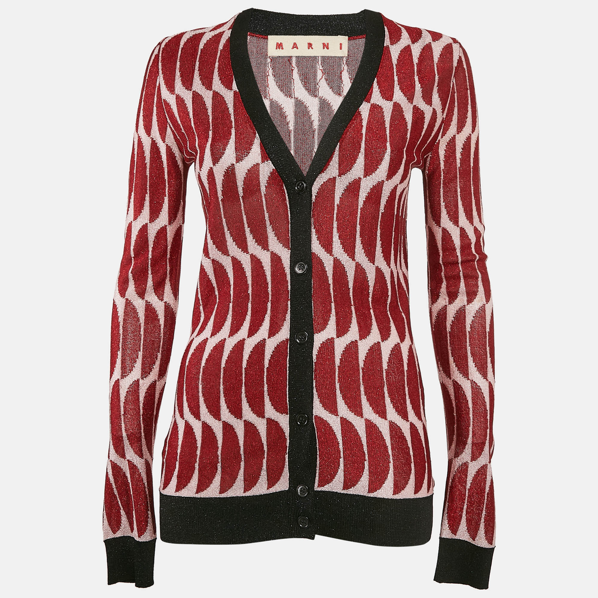 

Marni Red Patterned Lurex Knit Button Front Cardigan S