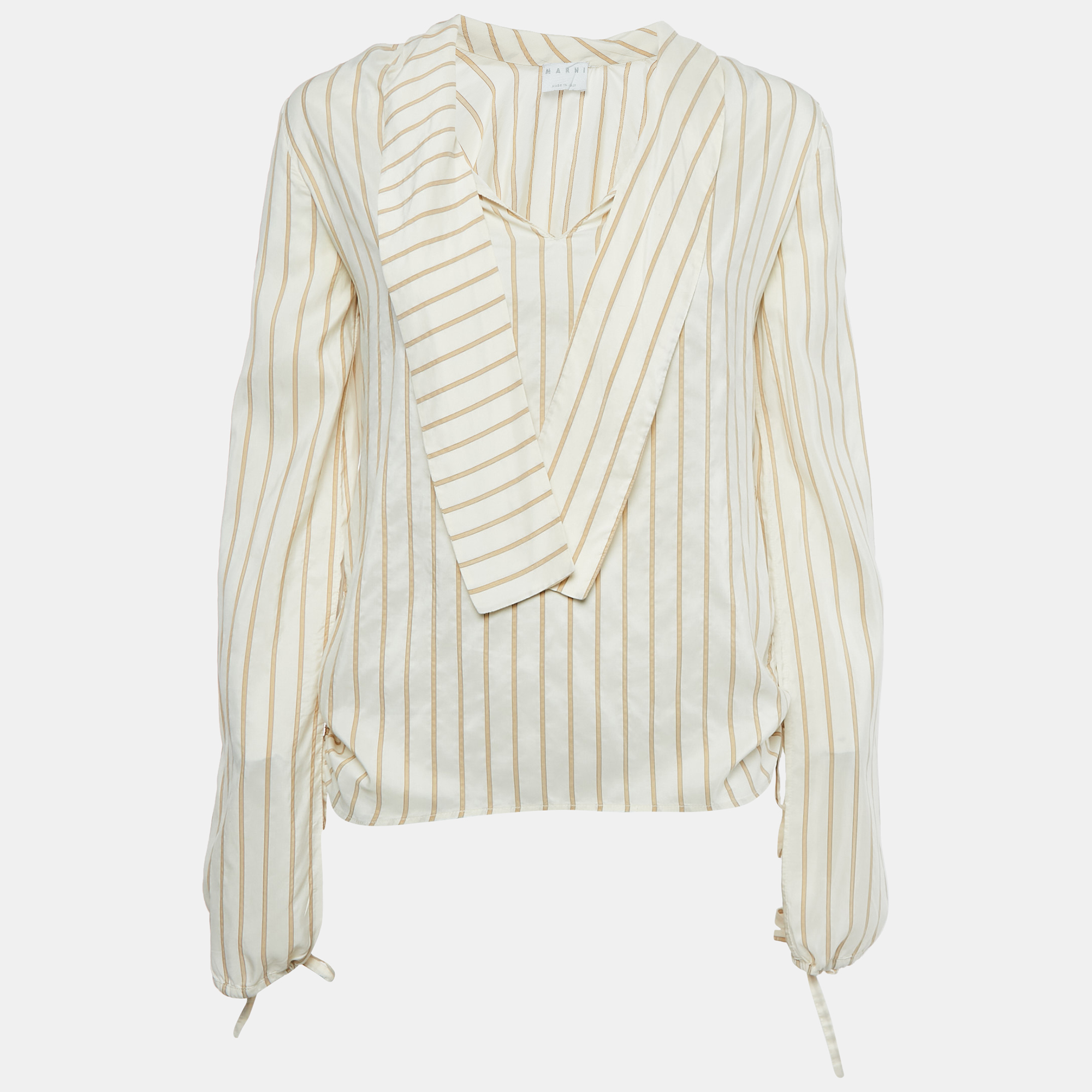 

Marni Cream Stripe Silk Neck Tie-Up Detail Blouse S