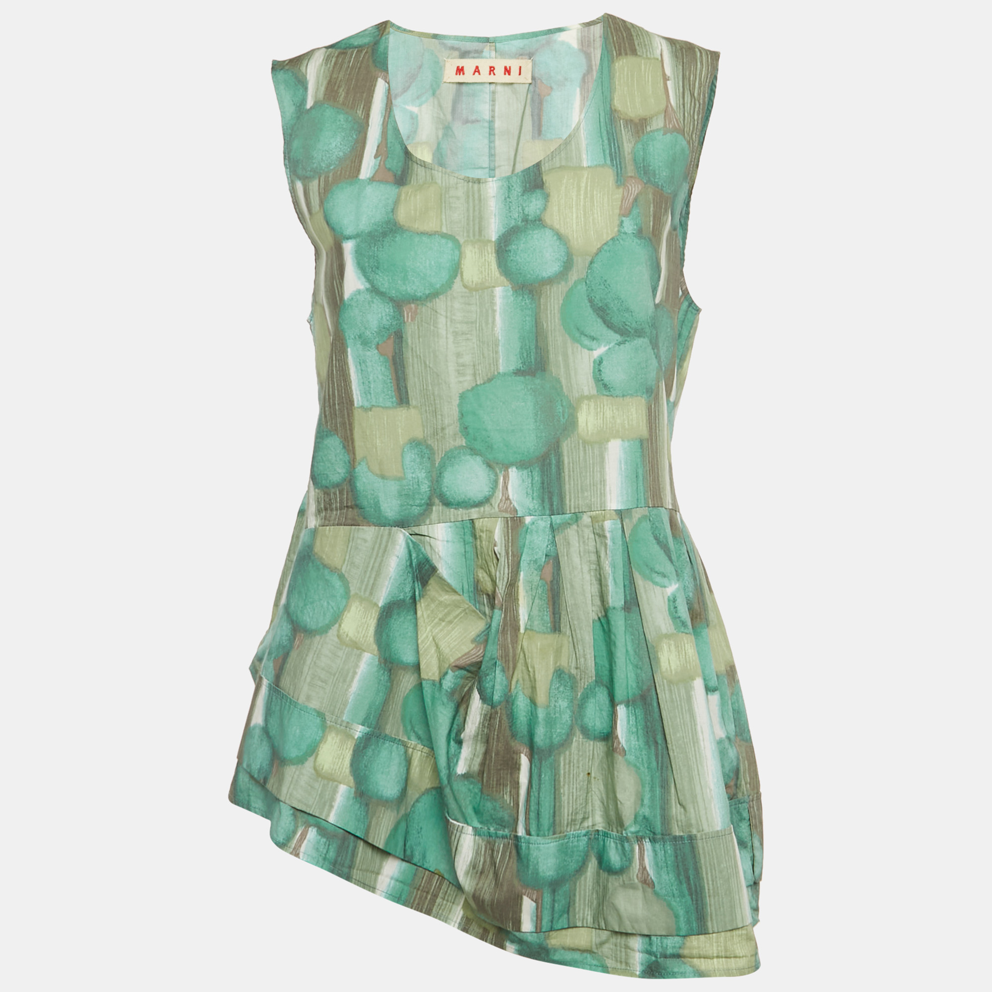 

Marni Green/Multicolor Abstract Print Cotton Sleeveless Pleated Mini Dress M