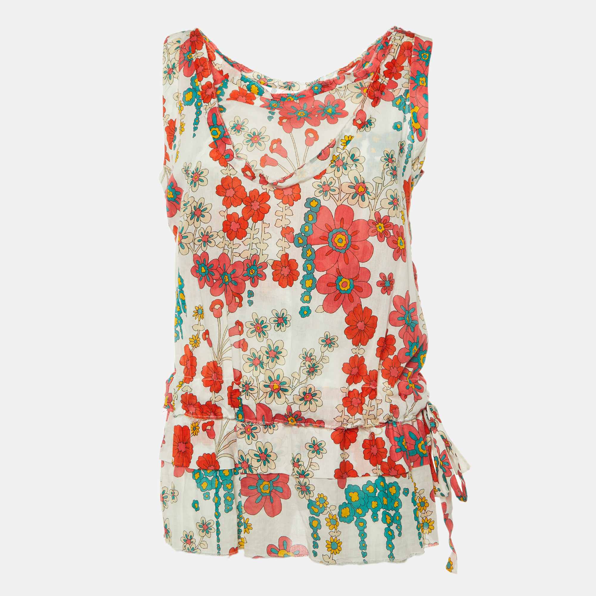 

Marni White/Red Floral Print Cotton Peplum Top M