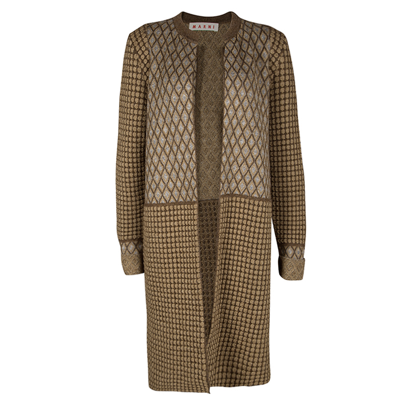 Marni Brown Lurex Knit Quilted Open Front Long Cardigan M