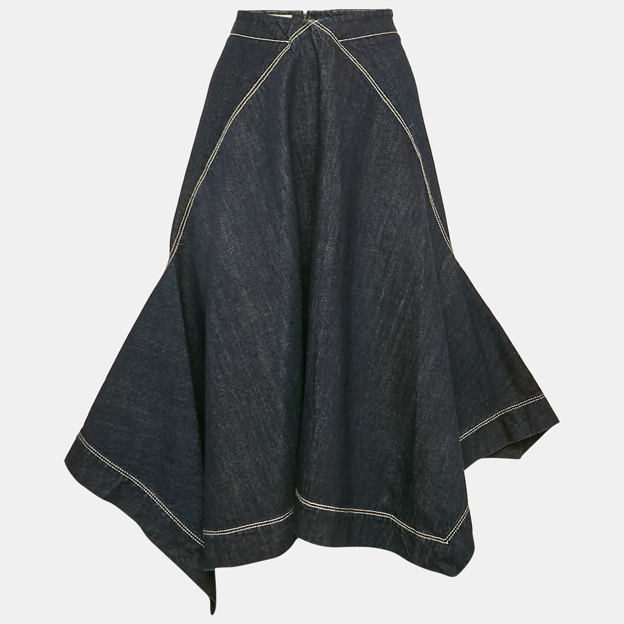 

Marni Blue Denim Asymmetric Flared Midi Skirt XXL Waist 33"