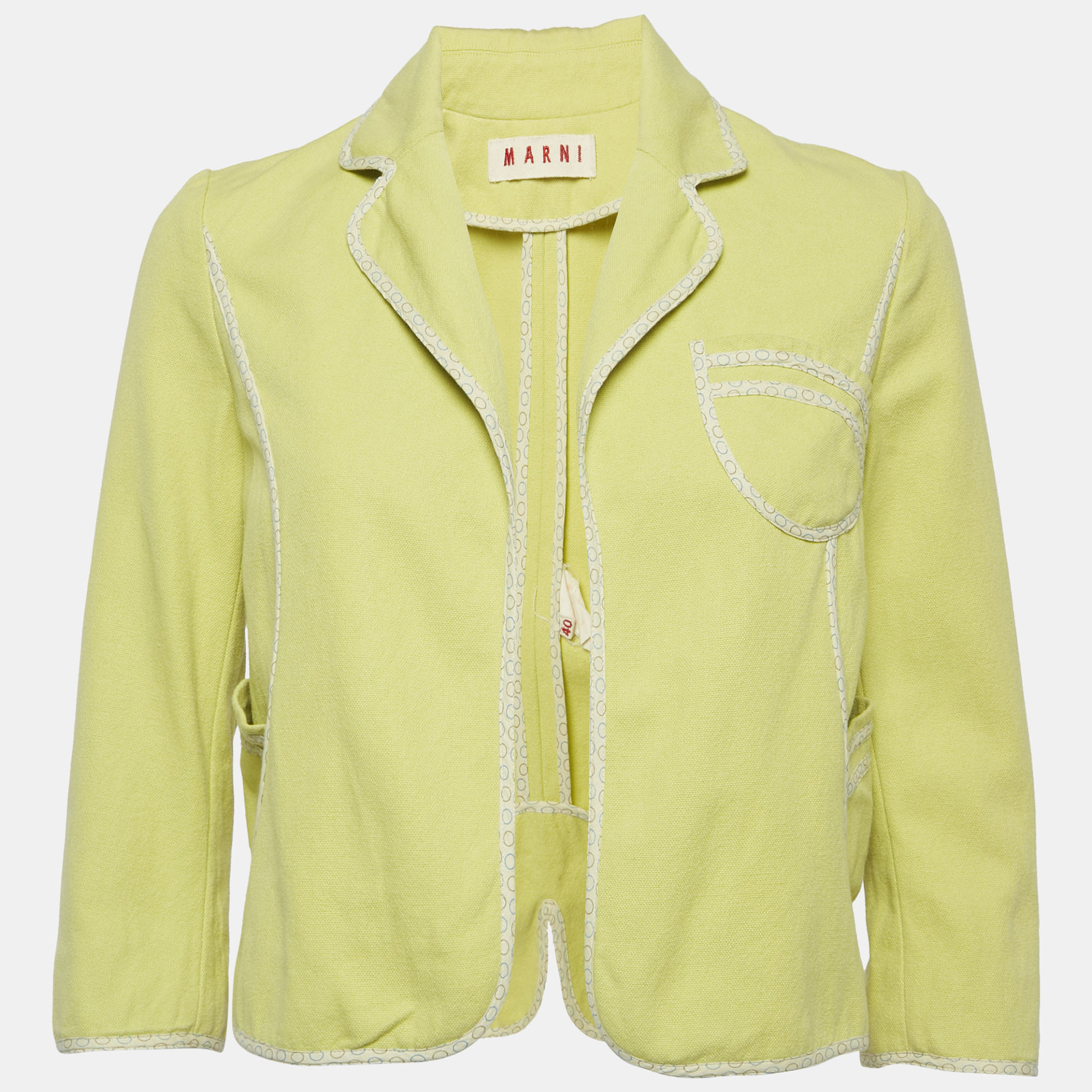 

Marni Green Canvas Contrast Trimmed Open Front Jacket M