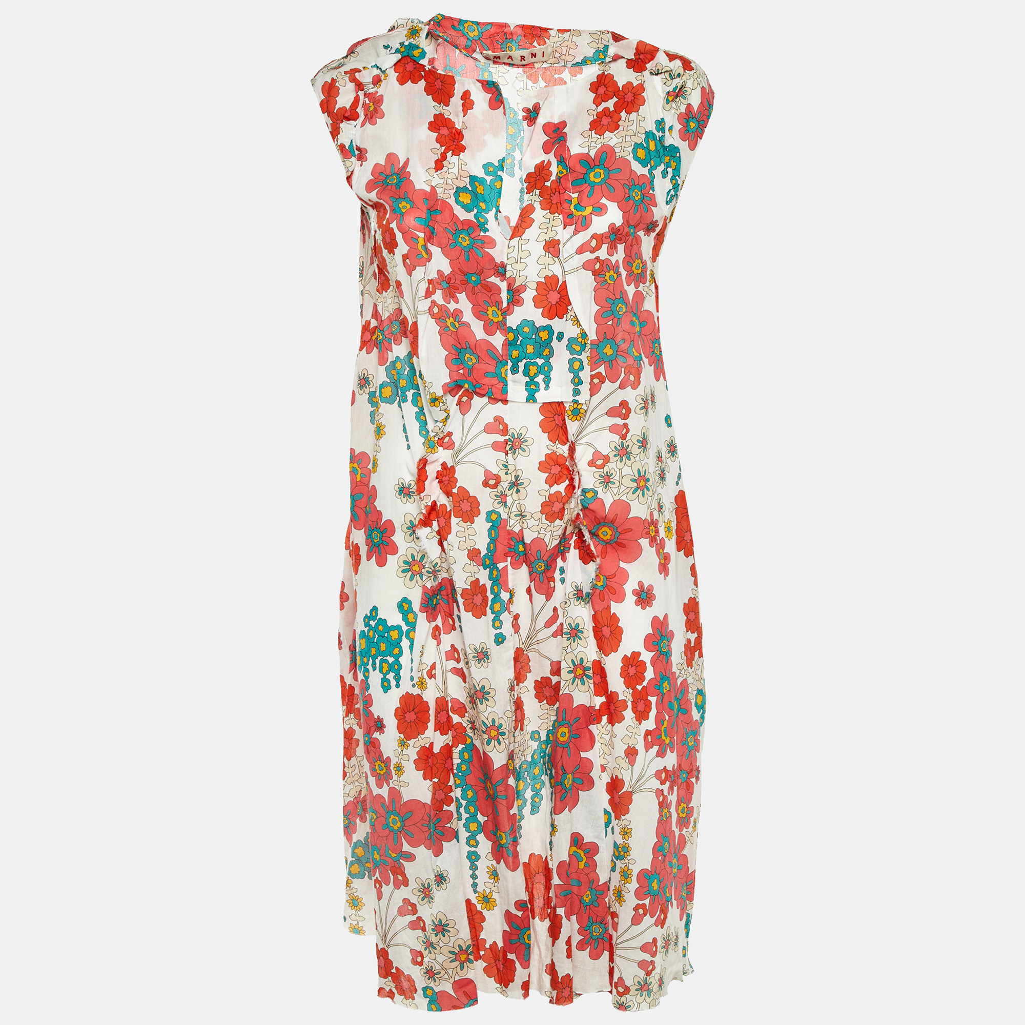Pre-owned Marni Multicolor Floral Printed Cotton Sleeveless Midi Dress L