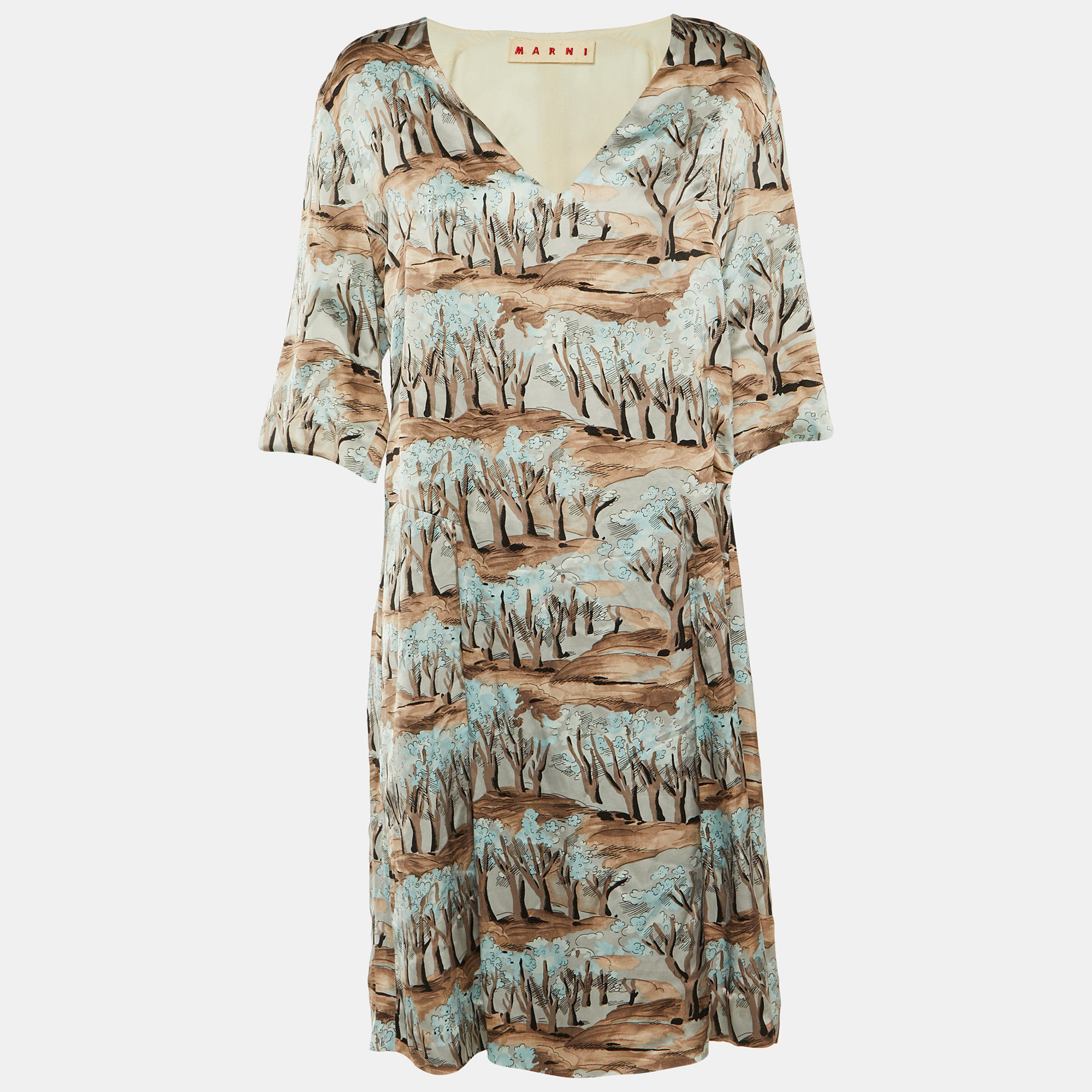 

Marni Brown Printed Satin Pleated Shift Dress L