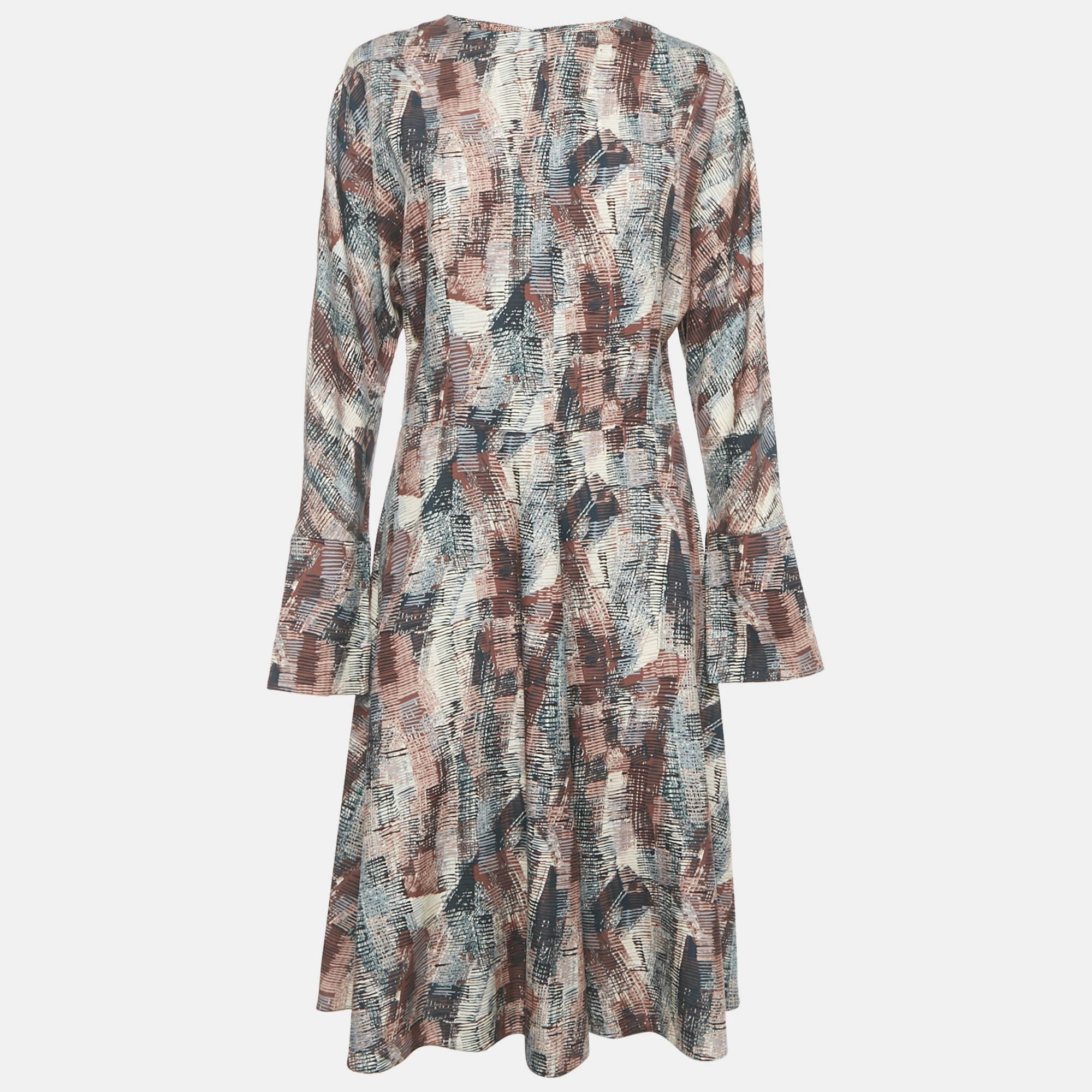 Pre-owned Marni Brown/navy Blue Printed Silk Midi Dress M