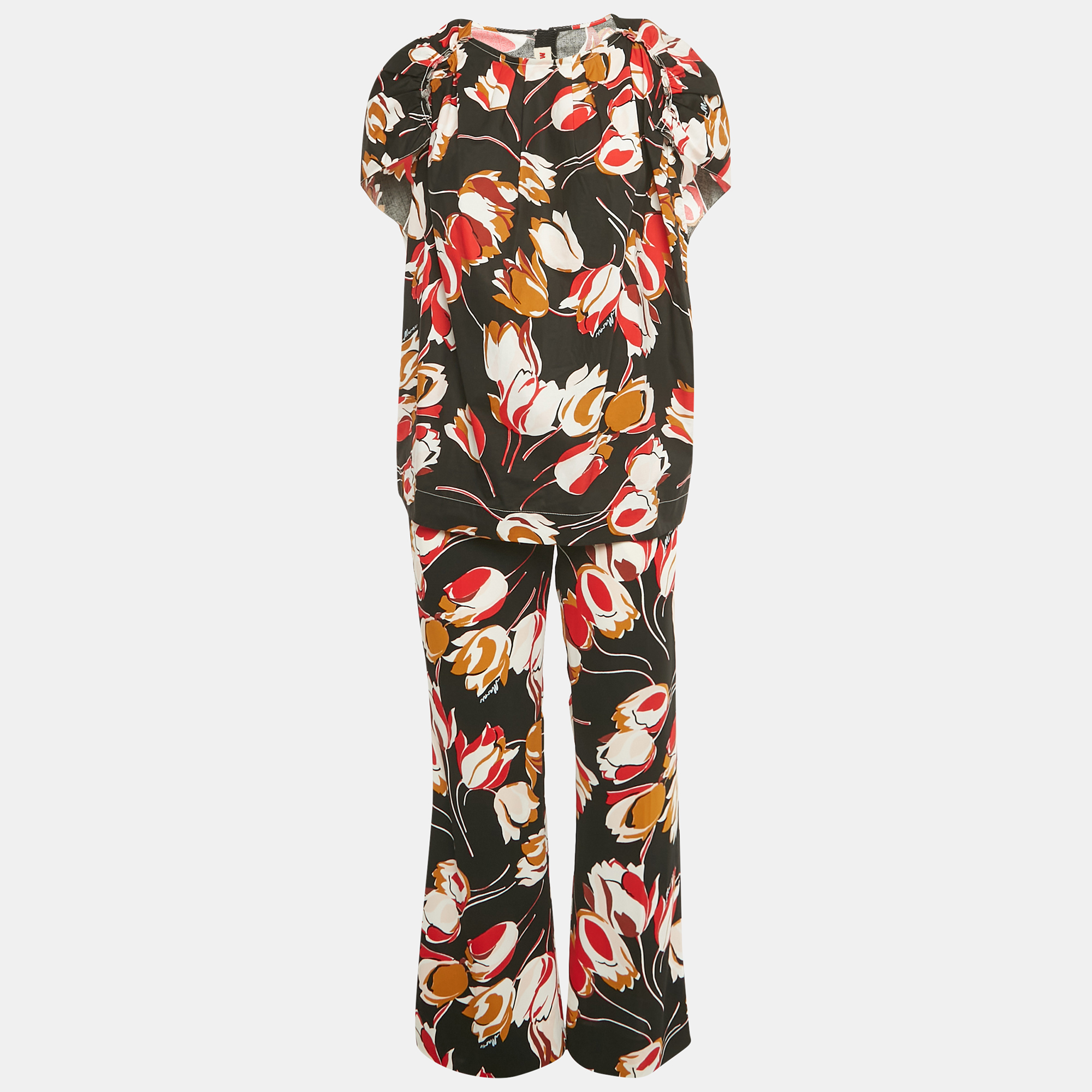Pre-owned Marni Black Floral Print Cotton Top & Pants Set M/s