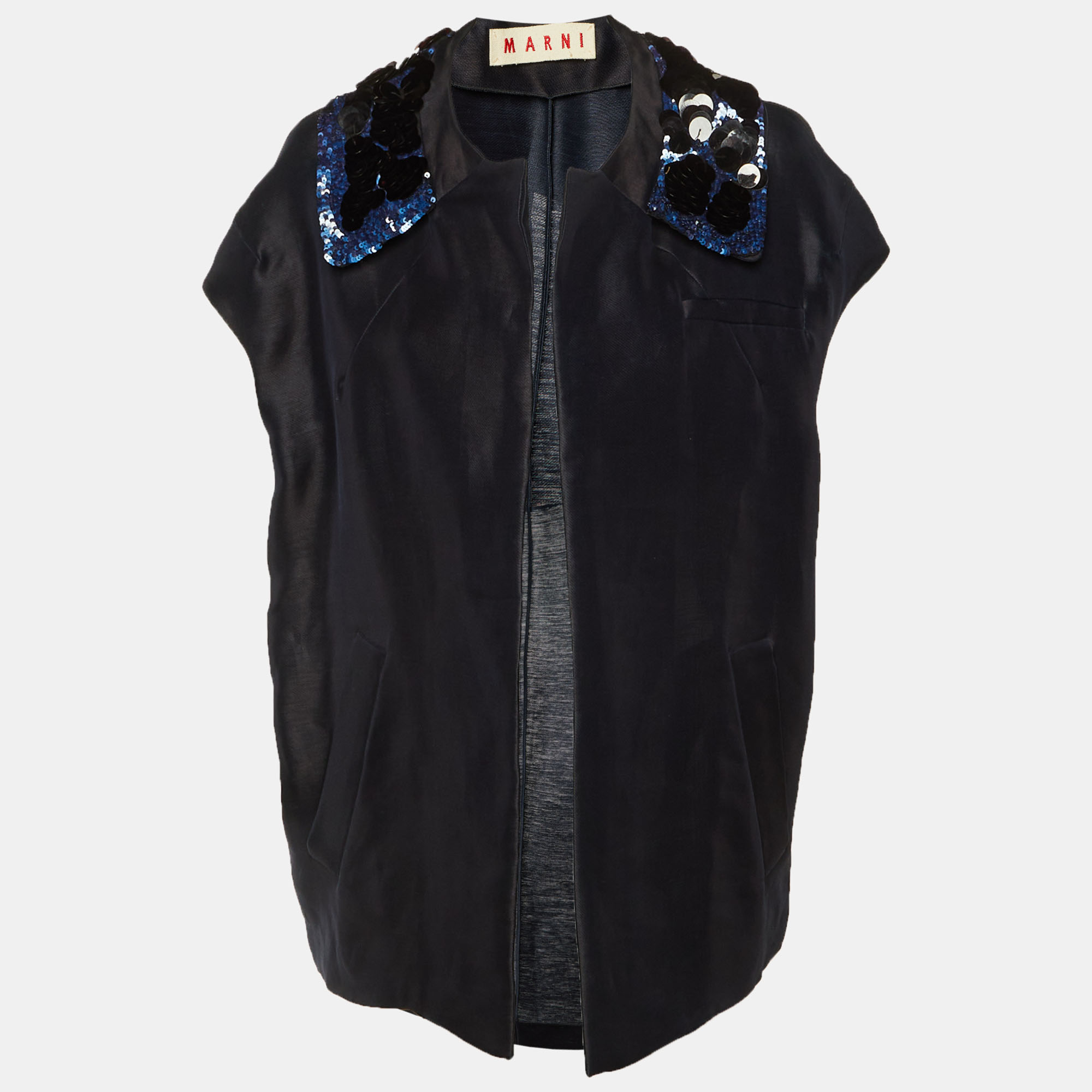 

Marni Navy Blue Embellished Detail Silk & Linen Open Jacket M