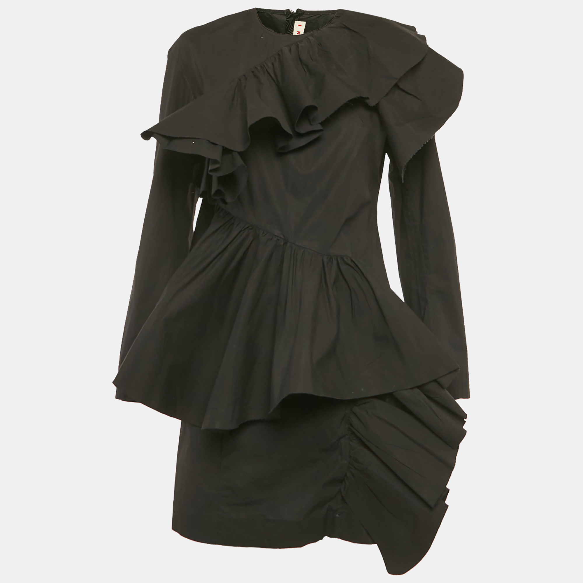 Pre-owned Marni Black Black Poplin Ruffled Mini Dress Xs