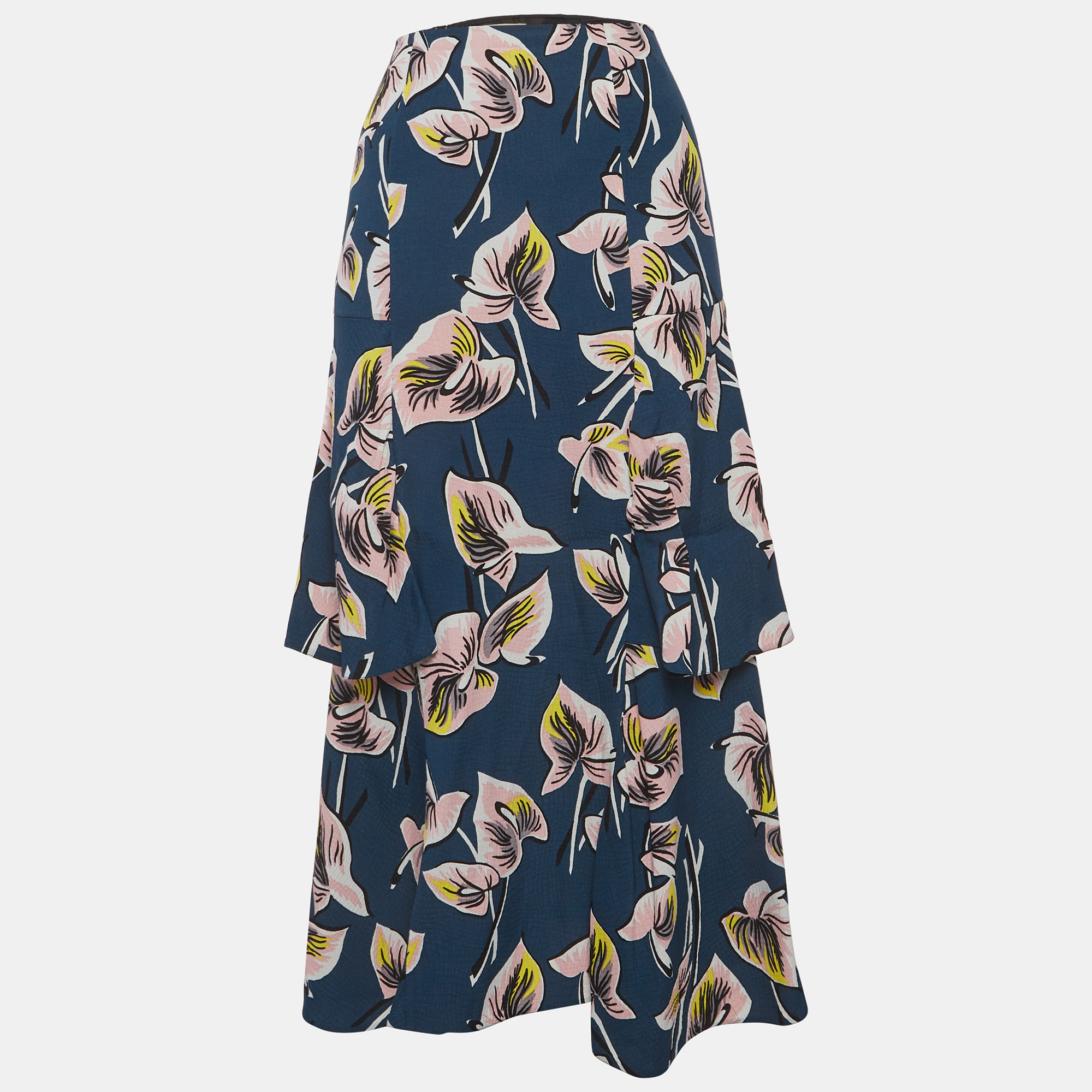 

Marni Blue Floral Print Crepe Ruffled Maxi Shirt M