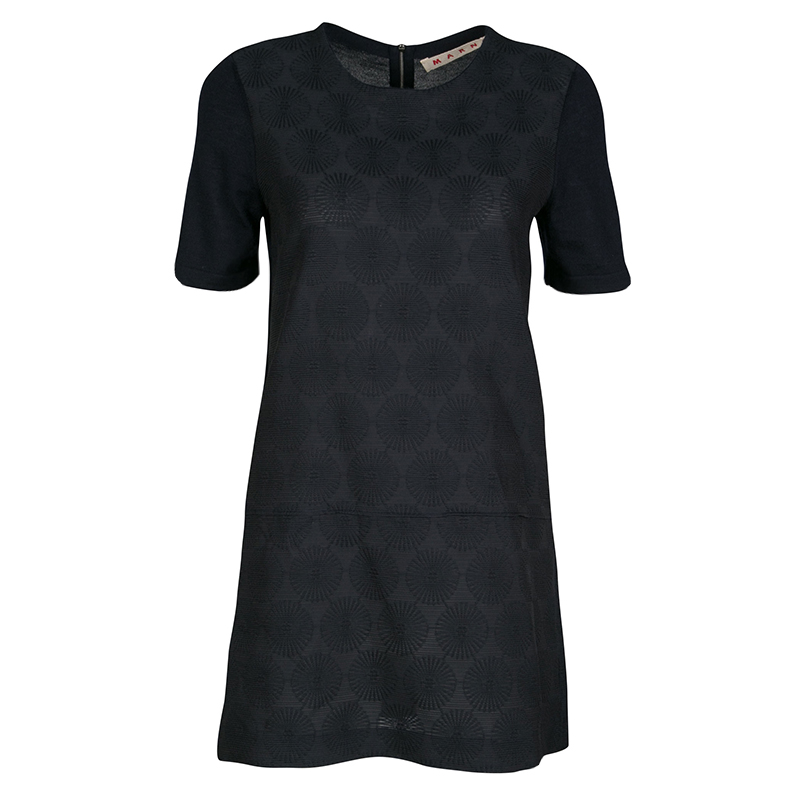 Pre Owned Marni Navy Blue Textured Front Cashmere Blend Tunic M