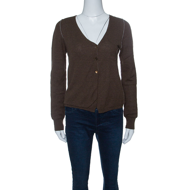 Pre Owned Marni Brown and Grey Cashmere Ribbed Trim Cropped Cardigan M