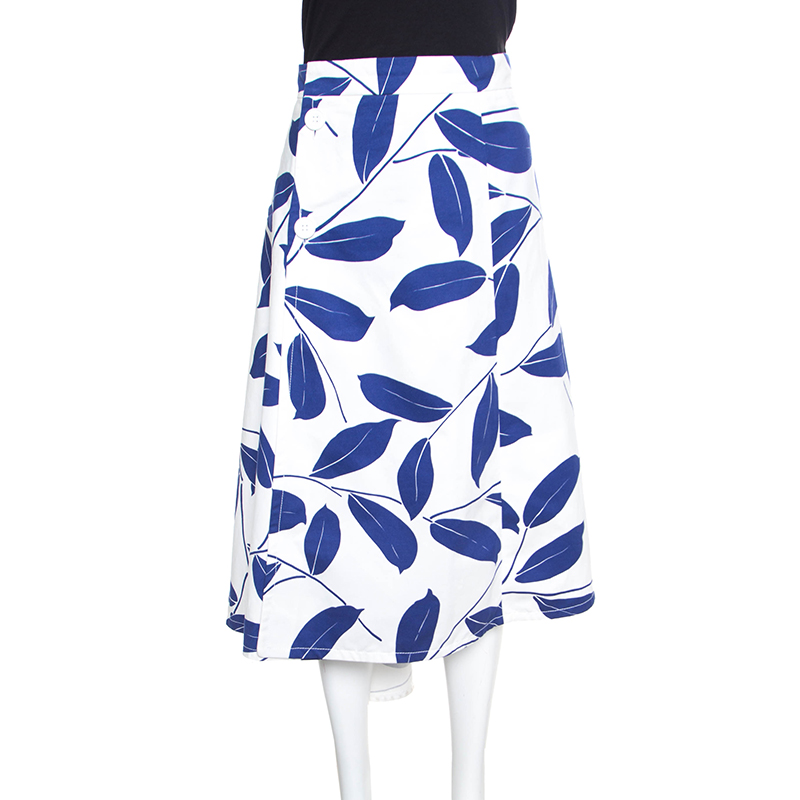 Pre-owned Marni White And Blue Leaf Print Cotton And Linen Drill Wrap Skirt M