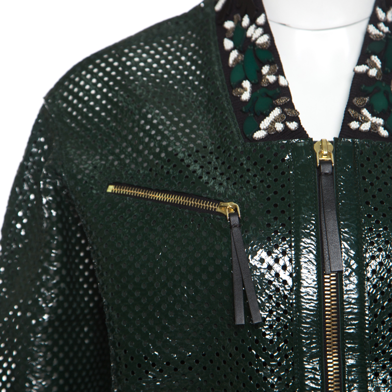 Pre-owned Marni Emerald Green Perforated Leather Floral Embellished Detail Bomber Jacket S