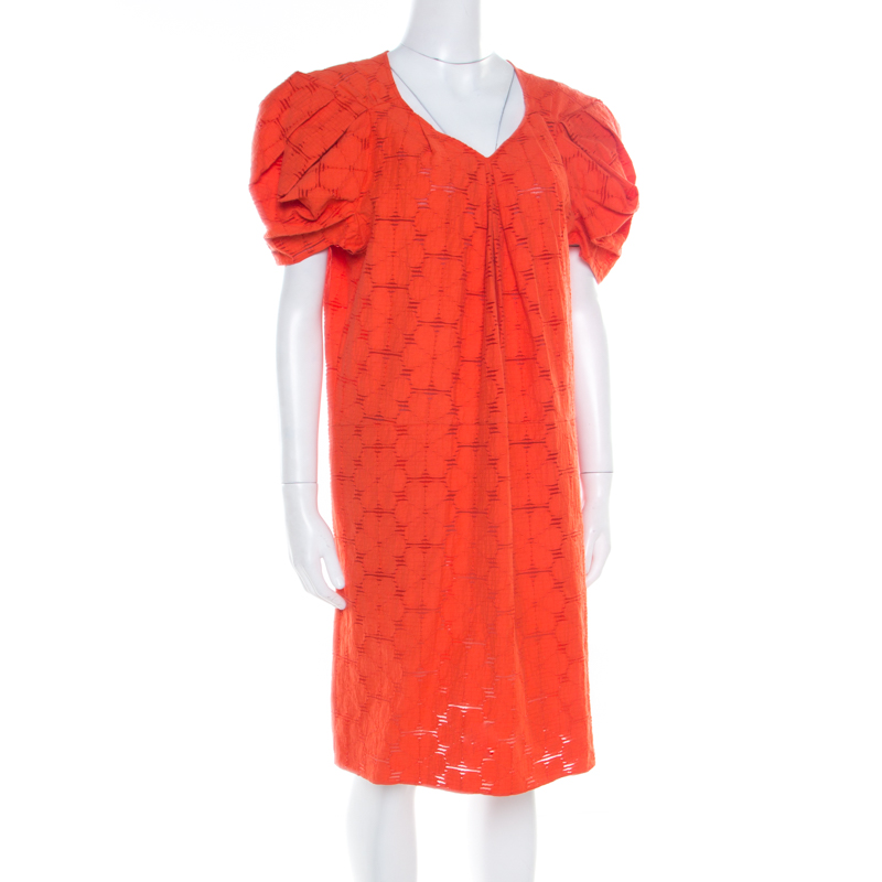 Pre-owned Marni Tangerine Floral Cotton Lace Shift Dress S In Orange