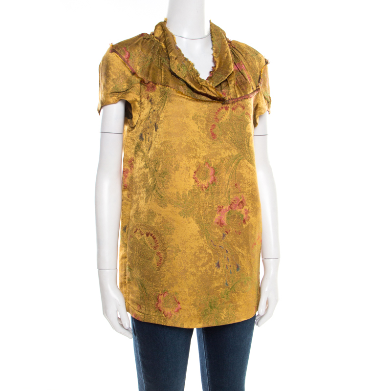 Pre-owned Marni Gold Floral Jacquard Frayed Trim Detail Cap Sleeve Top S