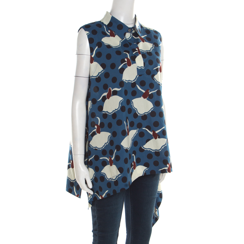 

Marni Blue Polka Dotted Dancer Print Asymmetric Bottom Sleeveless Top