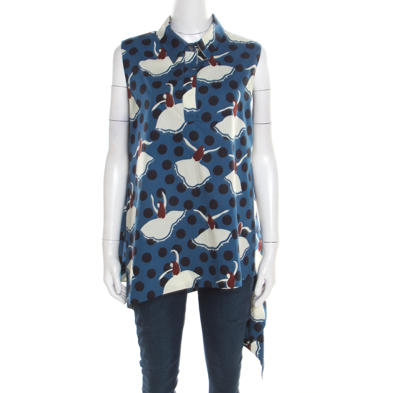 Marni Blue Polka Dotted Dancer Print Asymmetric Bottom Sleeveless Top L